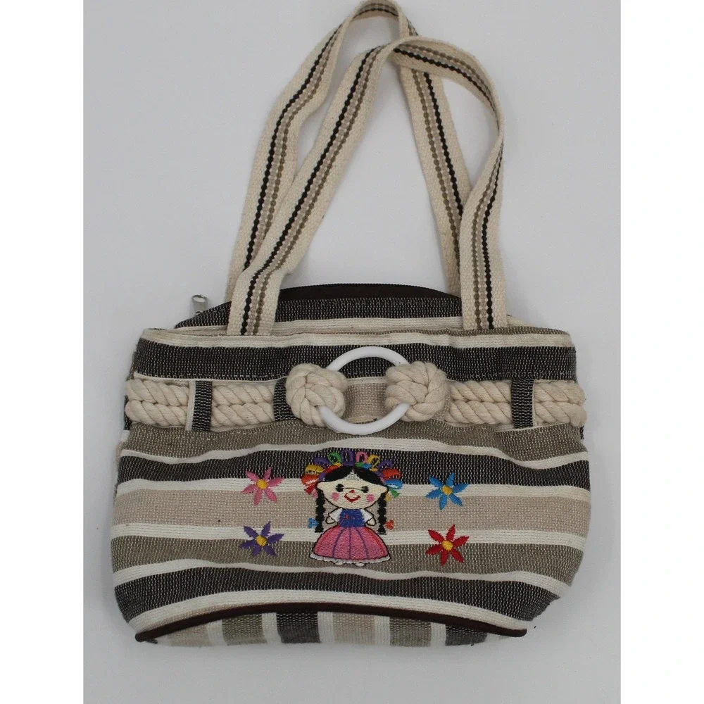 Mexican‎ Artisan Embroidered Lele Doll Striped Tote Bag Kids Brown Cream Woven
